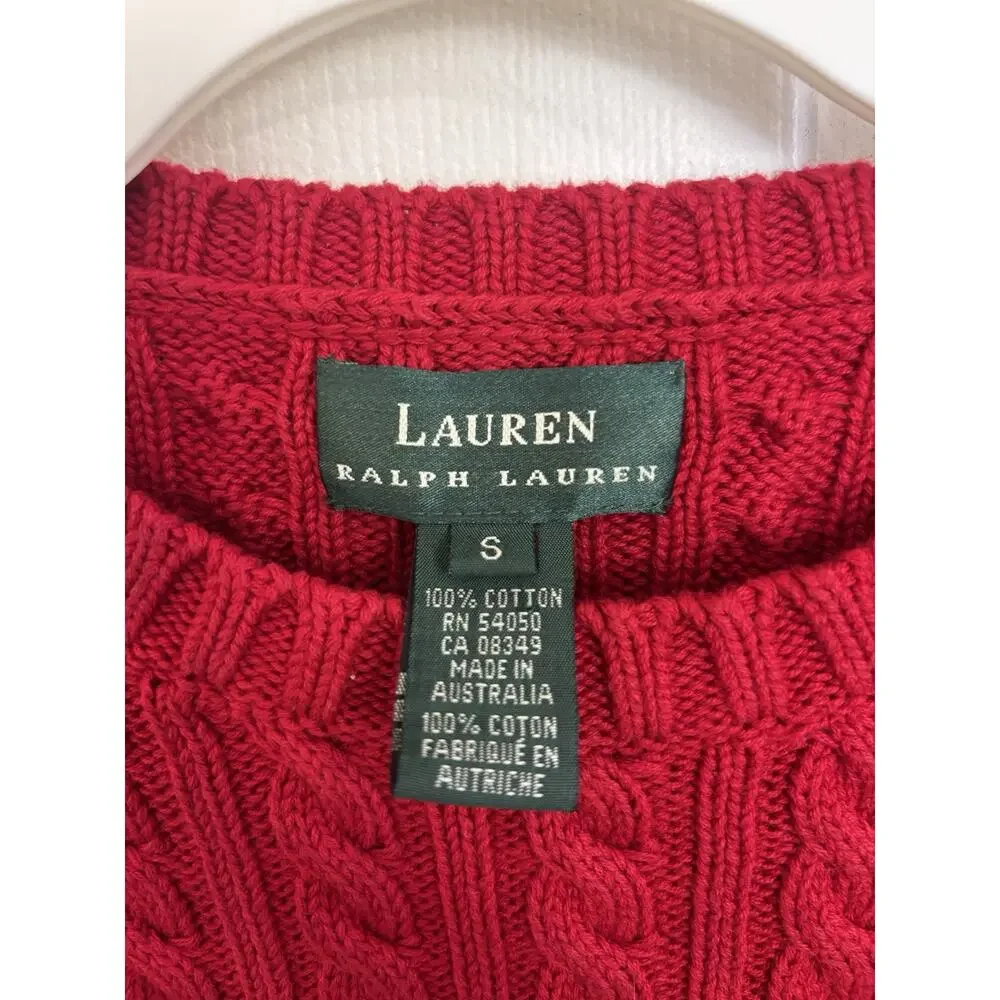 Y2K Lauren Ralph Lauren Red Cable Knit Crewneck Sweater Crest Small Australia